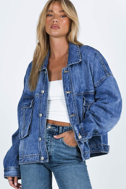 Collared Neck Button Up Denim Jacket-Angel Casuals