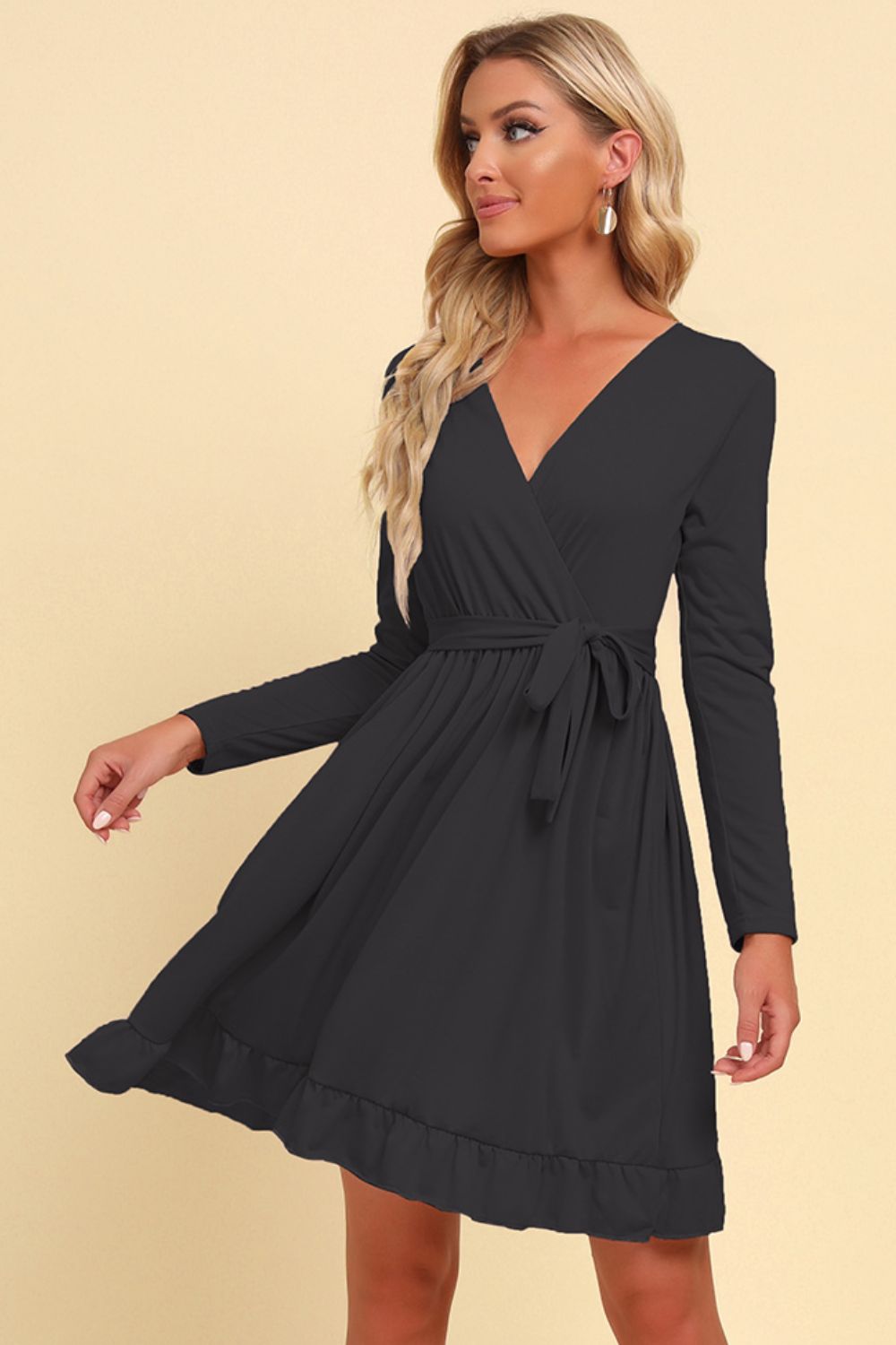 Long Sleeve Tie Waist Ruffle Hem Dress-Angel Casuals