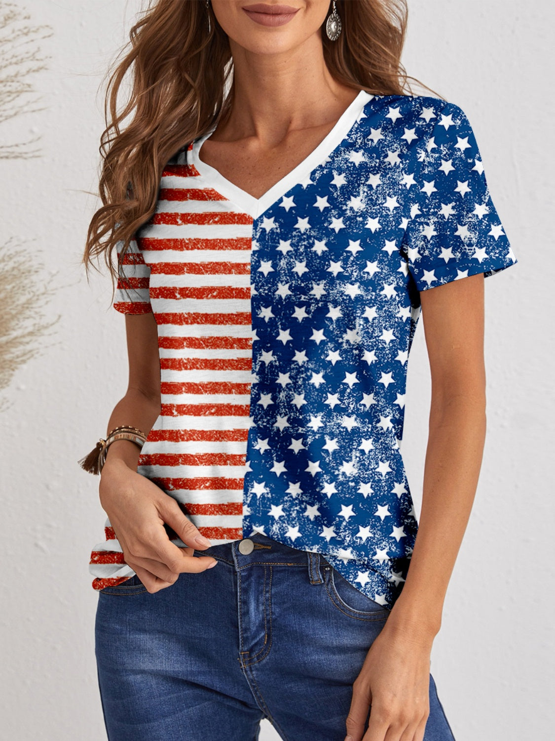 Printed V-Neck Short Sleeve T-Shirt-Angel Casuals