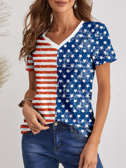 Printed V-Neck Short Sleeve T-Shirt-Angel Casuals