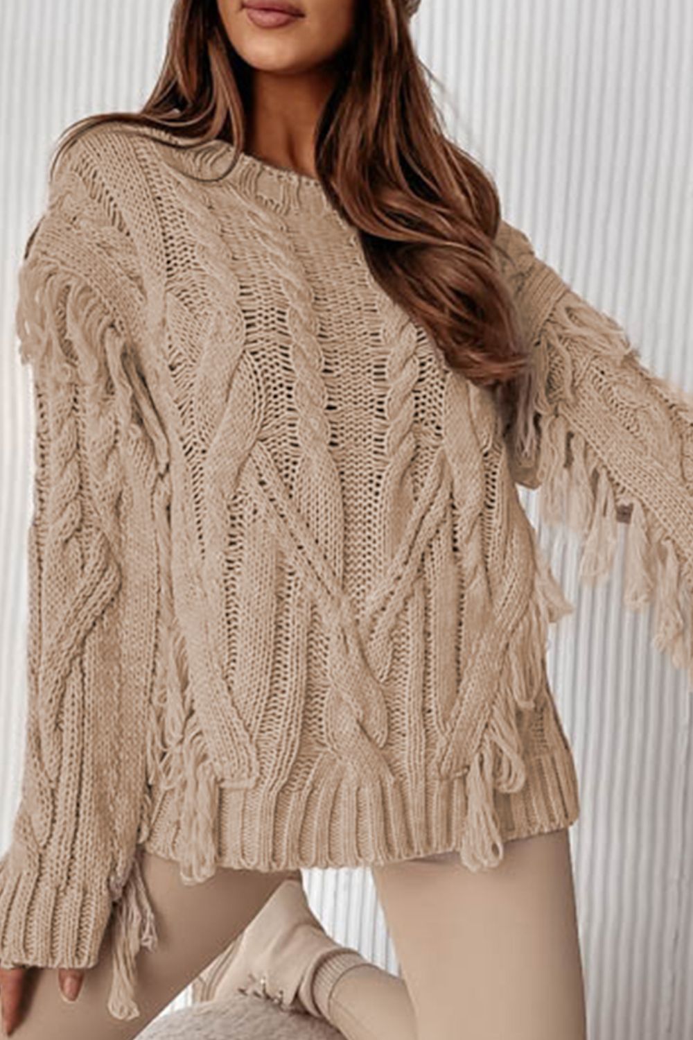 Cable Knit Fringe Round Neck Long Sleeve Sweater-Angel Casuals