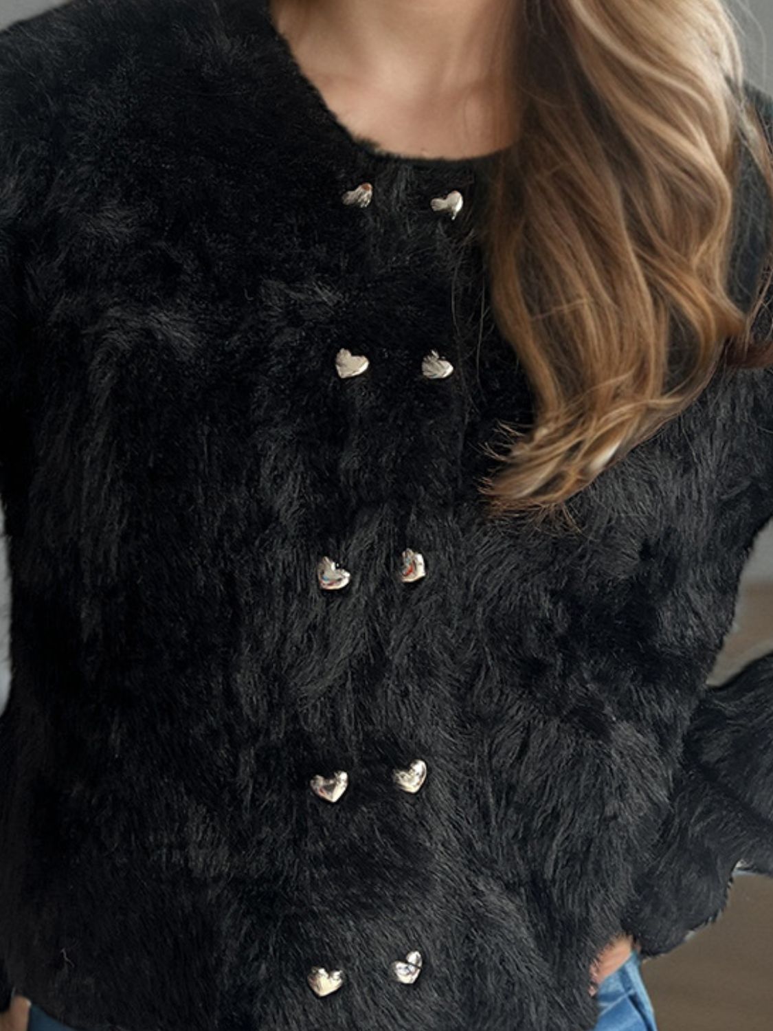 Heart Button Round Neck Cardigan-Angel Casuals