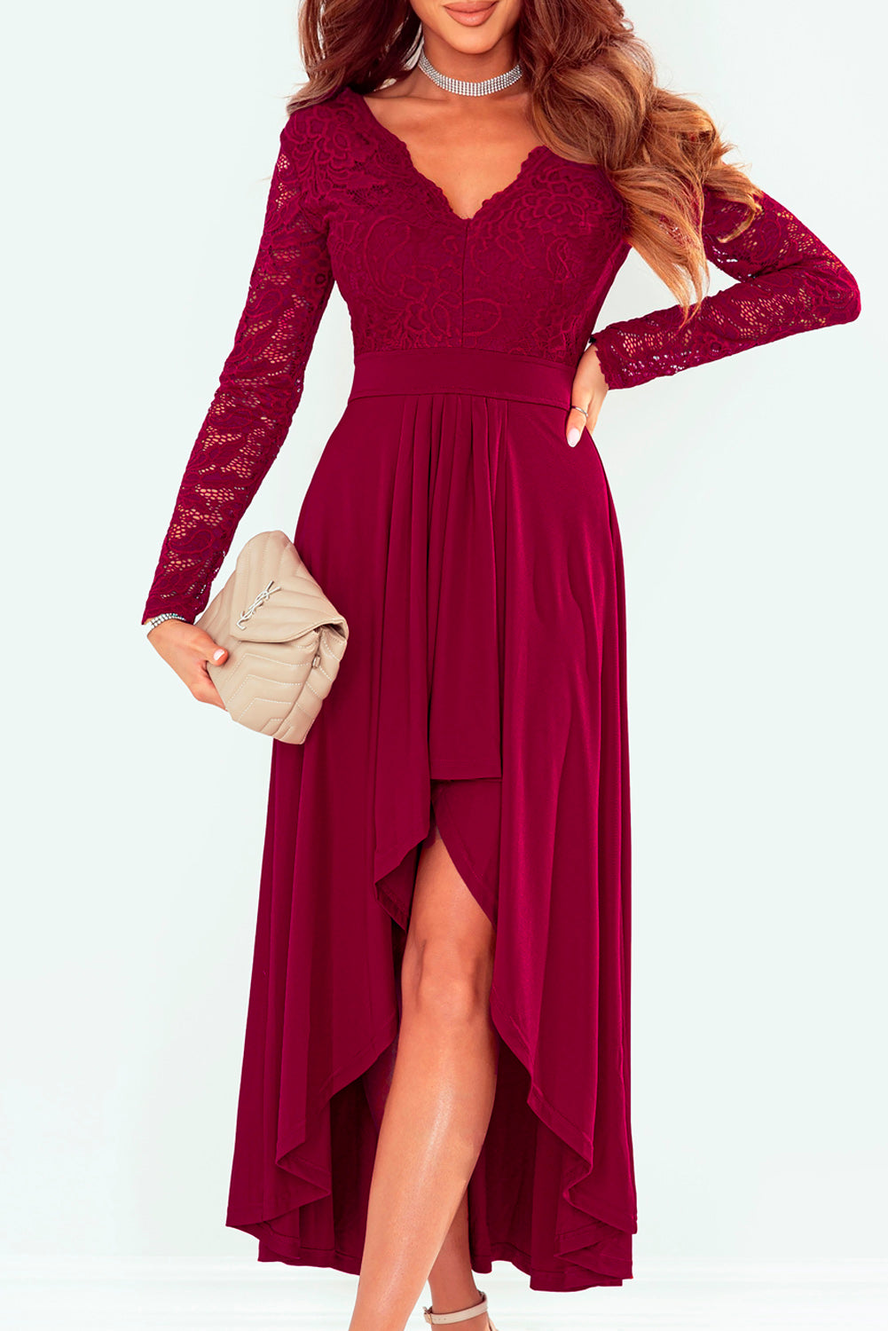 Lace High-Low V-Neck Dress-Angel Casuals