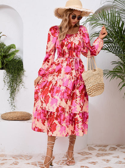 Printed Long Sleeve Midi Dress-Angel Casuals