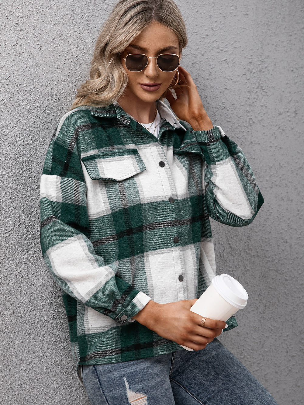 Plaid Long Sleeve Shirt Jacket-Angel Casuals