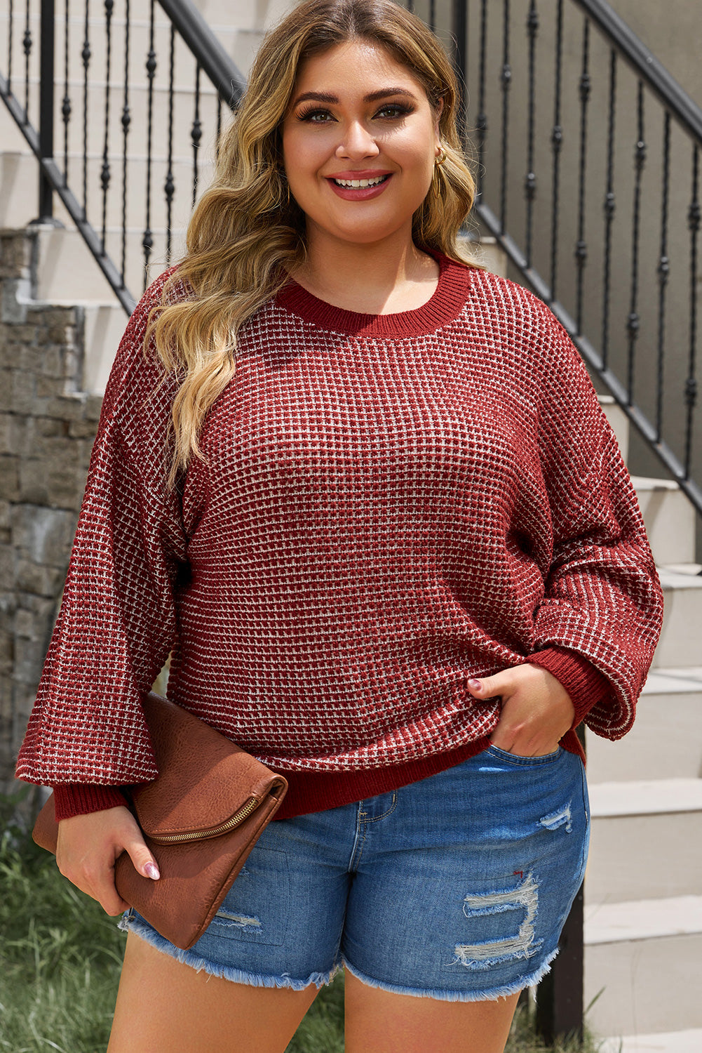 Plus Size Waffle-Knit Round Neck Dropped Shoulder Sweater-Angel Casuals