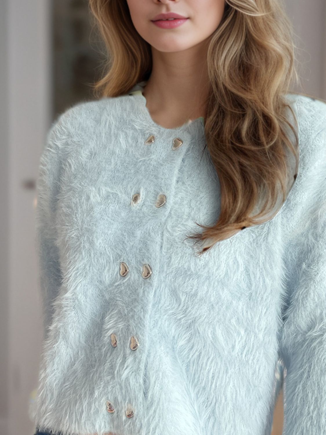 Heart Button Round Neck Cardigan-Angel Casuals