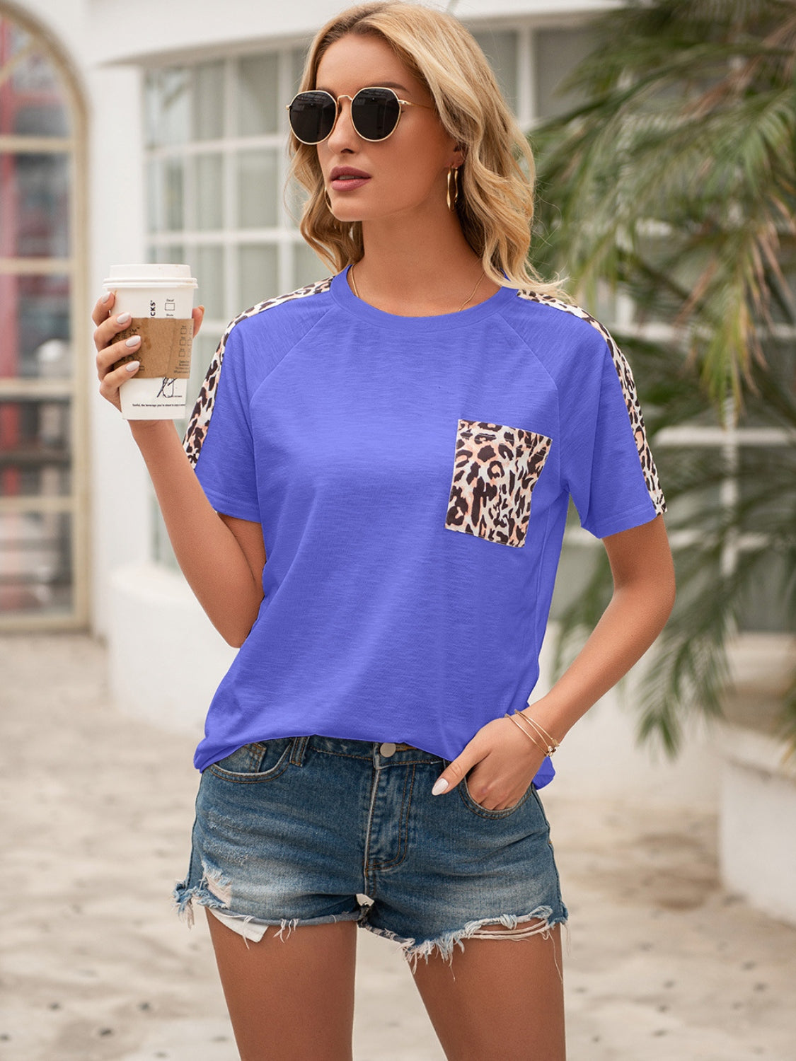 Pocketed Leopard Round Neck Short Sleeve T-Shirt-Angel Casuals