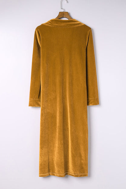Collared Neck Longline Velvet Cardigan with Pockets-Angel Casuals