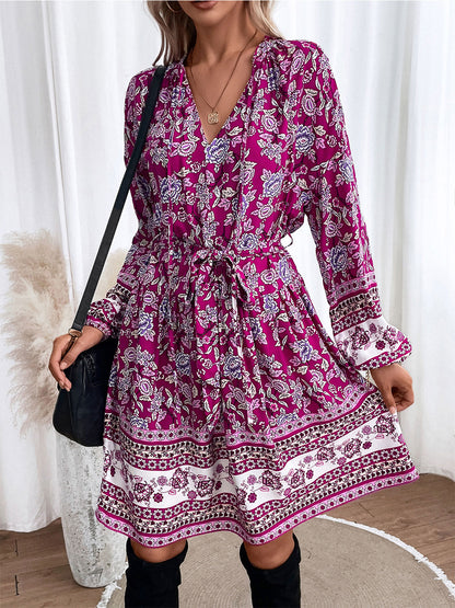 Floral Tie Neck Balloon Sleeve Dress-Angel Casuals