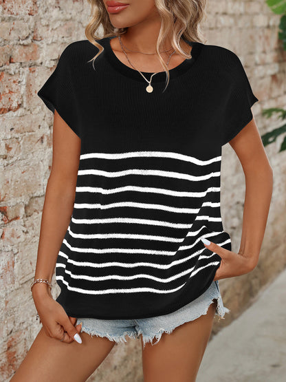 Mandy Striped Round Neck Short Sleeve Knit Top-Angel Casuals