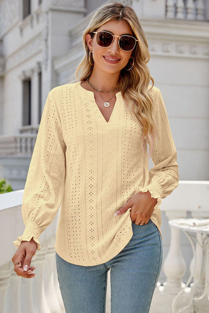 Eyelet Notched Lantern Sleeve T-Shirt-Angel Casuals