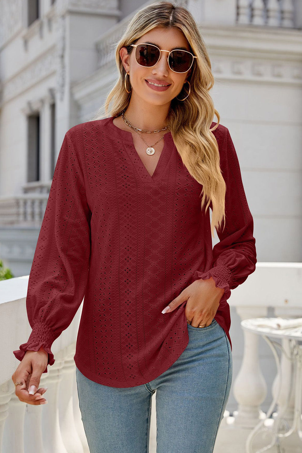 Eyelet Notched Lantern Sleeve T-Shirt-Angel Casuals