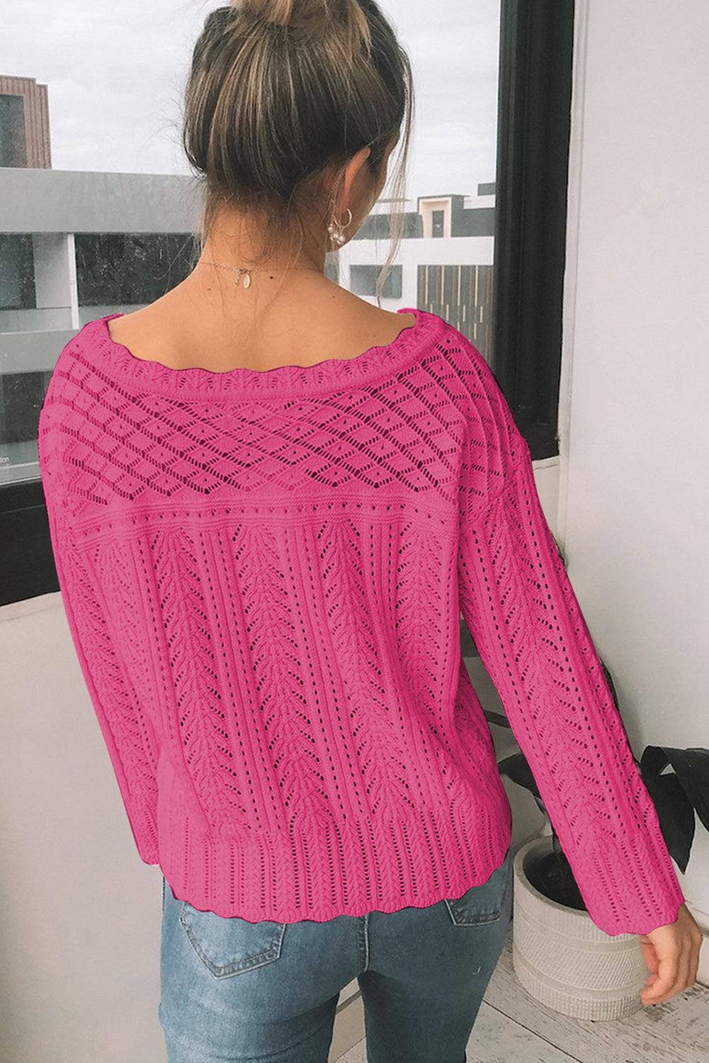 Openwork Round Neck Long Sleeve Knit Top-Angel Casuals