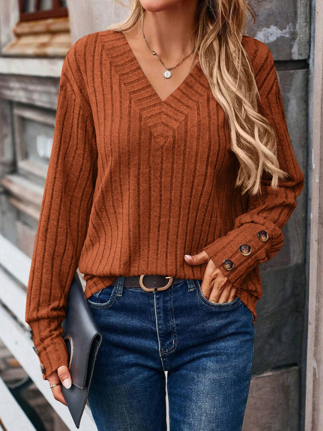 Decorative Button V-Neck Long Sleeve T-Shirt-Angel Casuals