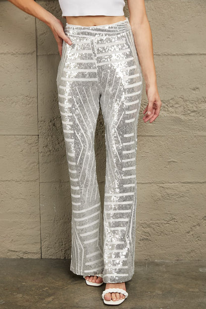 Double Take Sequin High Waist Flared Pants-Angel Casuals