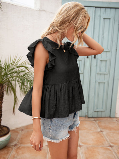 Lace Detail Round Neck Peplum T-Shirt-Angel Casuals