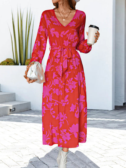 Floral V-Neck Long Sleeve Dress-Angel Casuals