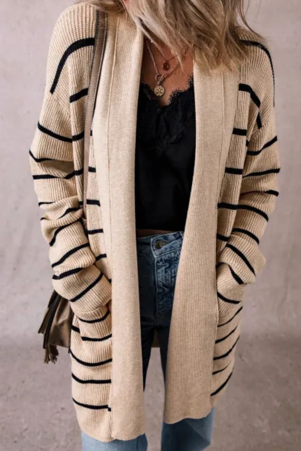 Striped Open Front Long Sleeve Cardigan-Angel Casuals