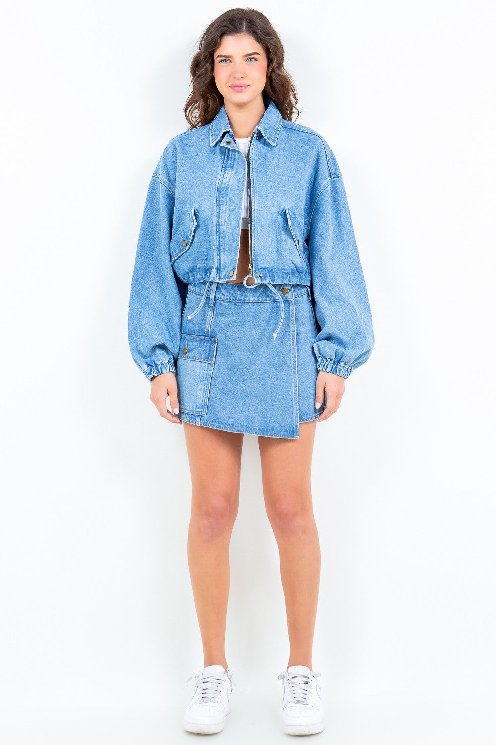 American Bazi Drawstring Waist Crop Denim Jacket-Angel Casuals