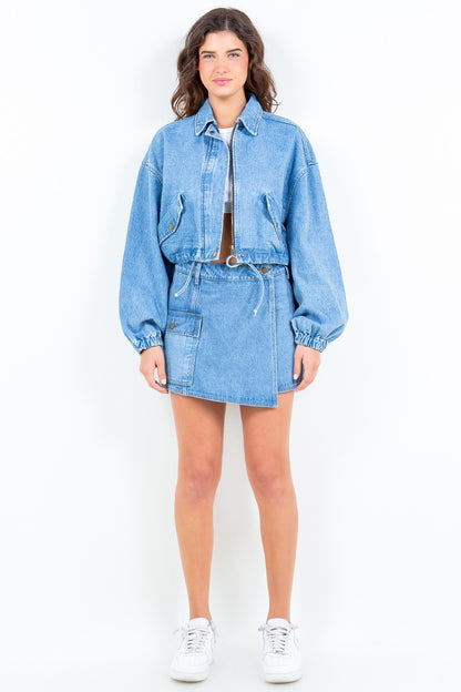 American Bazi Drawstring Waist Crop Denim Jacket-Angel Casuals