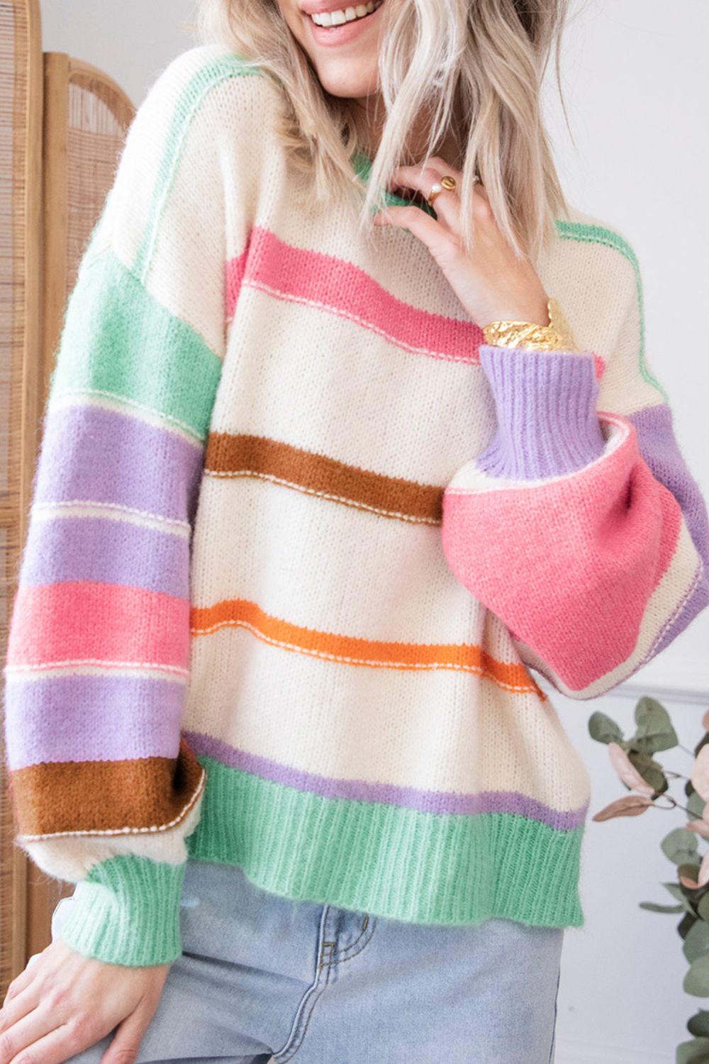 Contrast Striped Round Neck Drop Shoulder Sweater-Angel Casuals