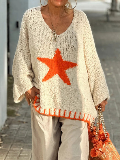 Star V-Neck Long Sleeve Oversize Sweater-Angel Casuals