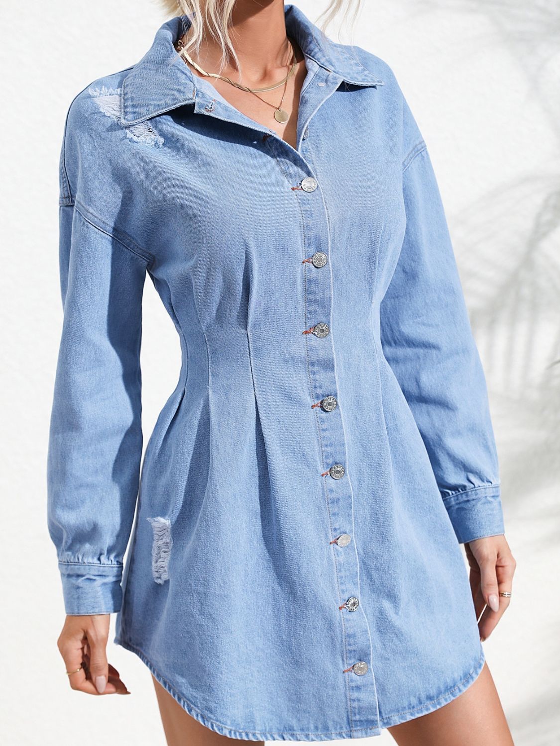 Distressed Button Up Long Sleeve Denim Dress-Angel Casuals