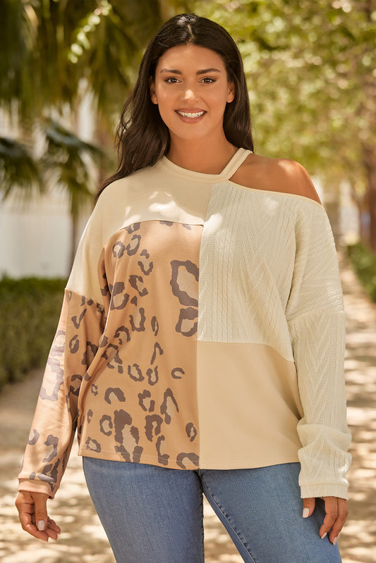 Plus Size Leopard Color Block Long Sleeve T-Shirt-Angel Casuals