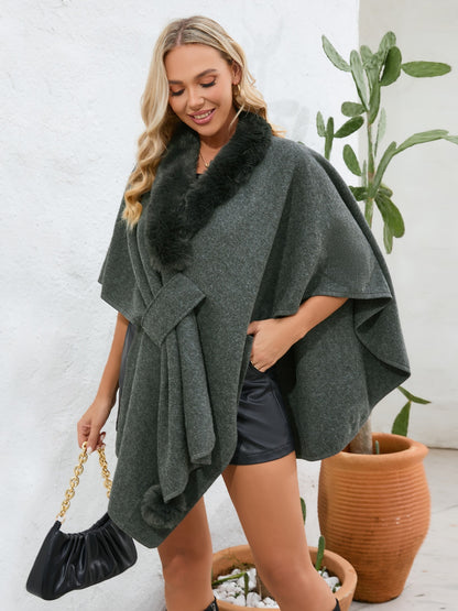Fuzzy Trim Open Front Poncho-Angel Casuals