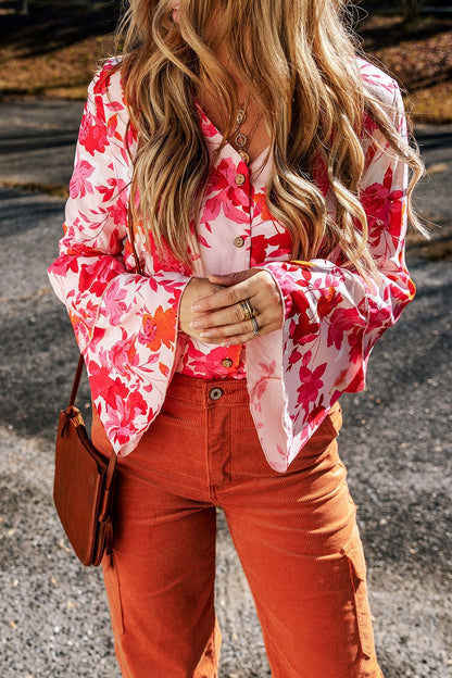 Floral Flare Sleeve Button Up V-Neck Bodysuit-Angel Casuals