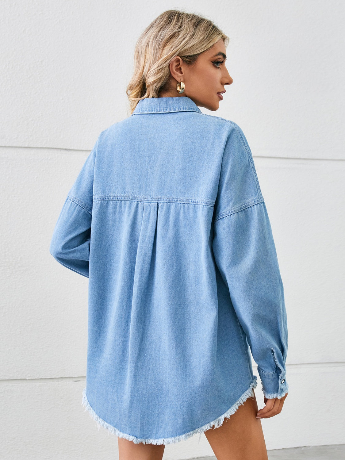 Distressed Raw Hem Dropped Shoulder Denim Jacket-Angel Casuals