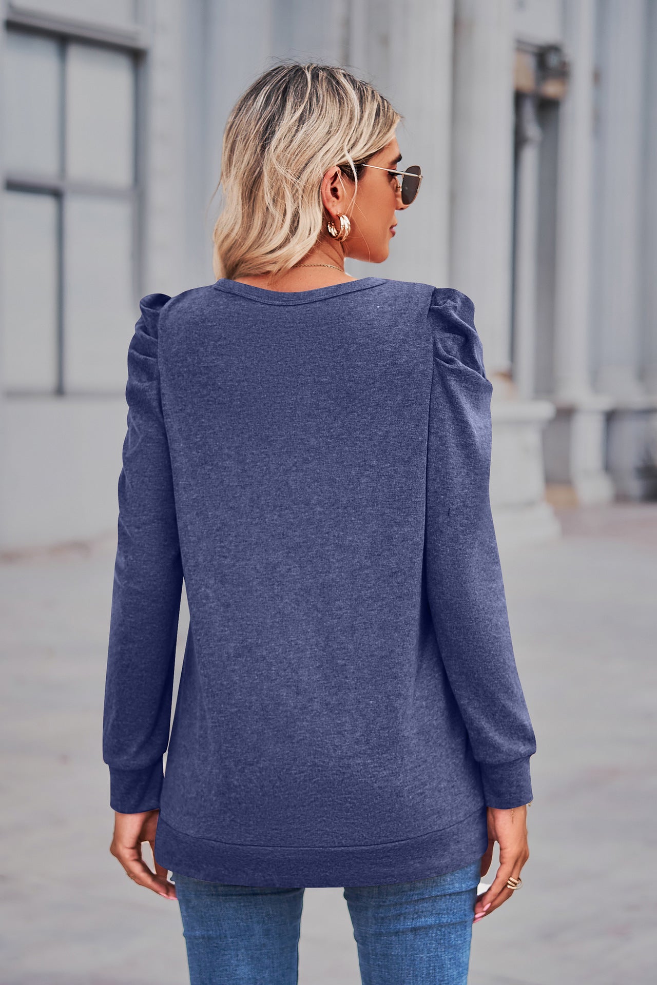 Heathered Puff Sleeve Round Neck Tunic Top-Angel Casuals