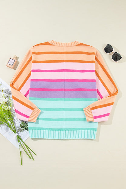 Contrast Striped Round Neck Long Sleeve Knit Top-Angel Casuals