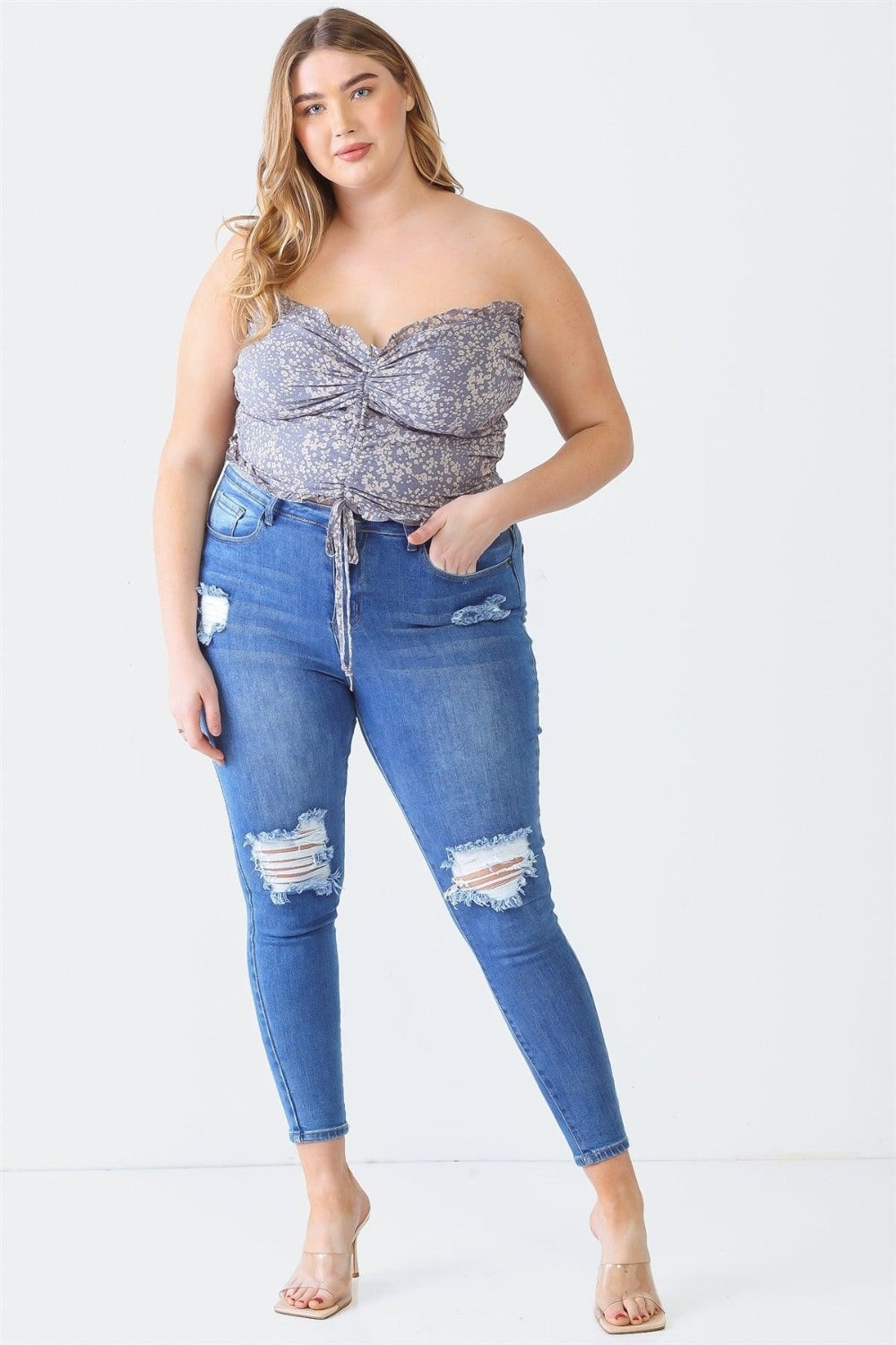 Zenobia Plus Size Drawstring Smocked Floral Tube Top-Angel Casuals