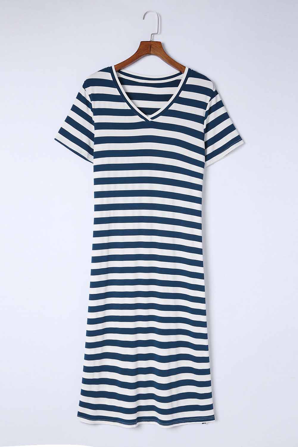 Striped V-Neck Short Sleeve Side Slit Dress-Angel Casuals