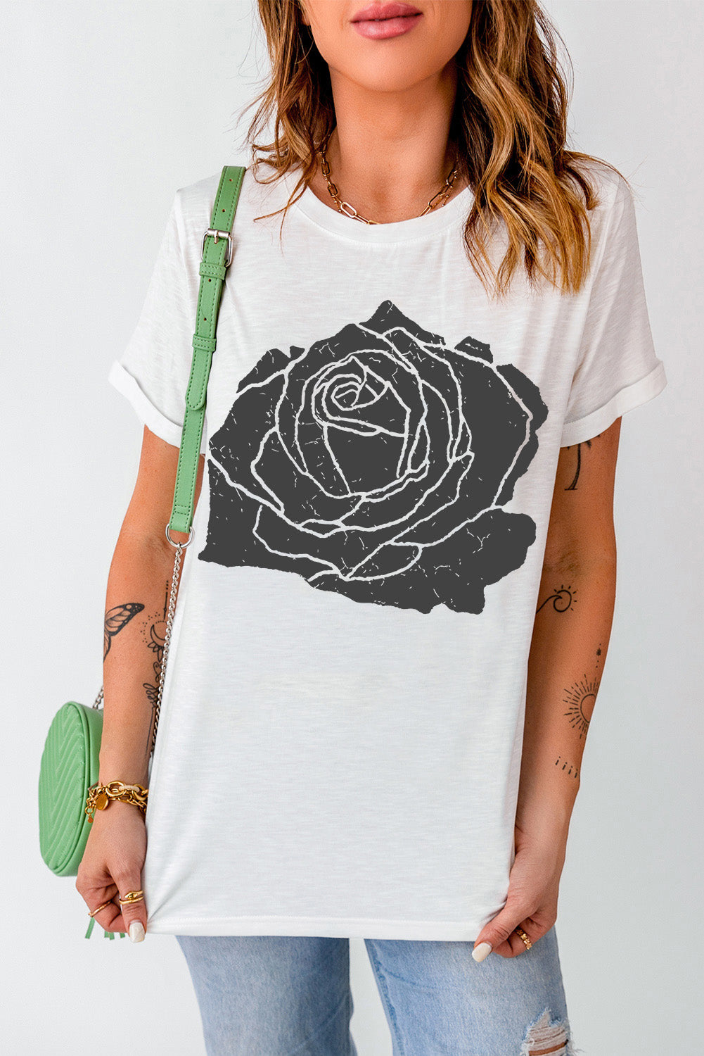 Rose Graphic Round Neck Short Sleeve T-Shirt-Angel Casuals