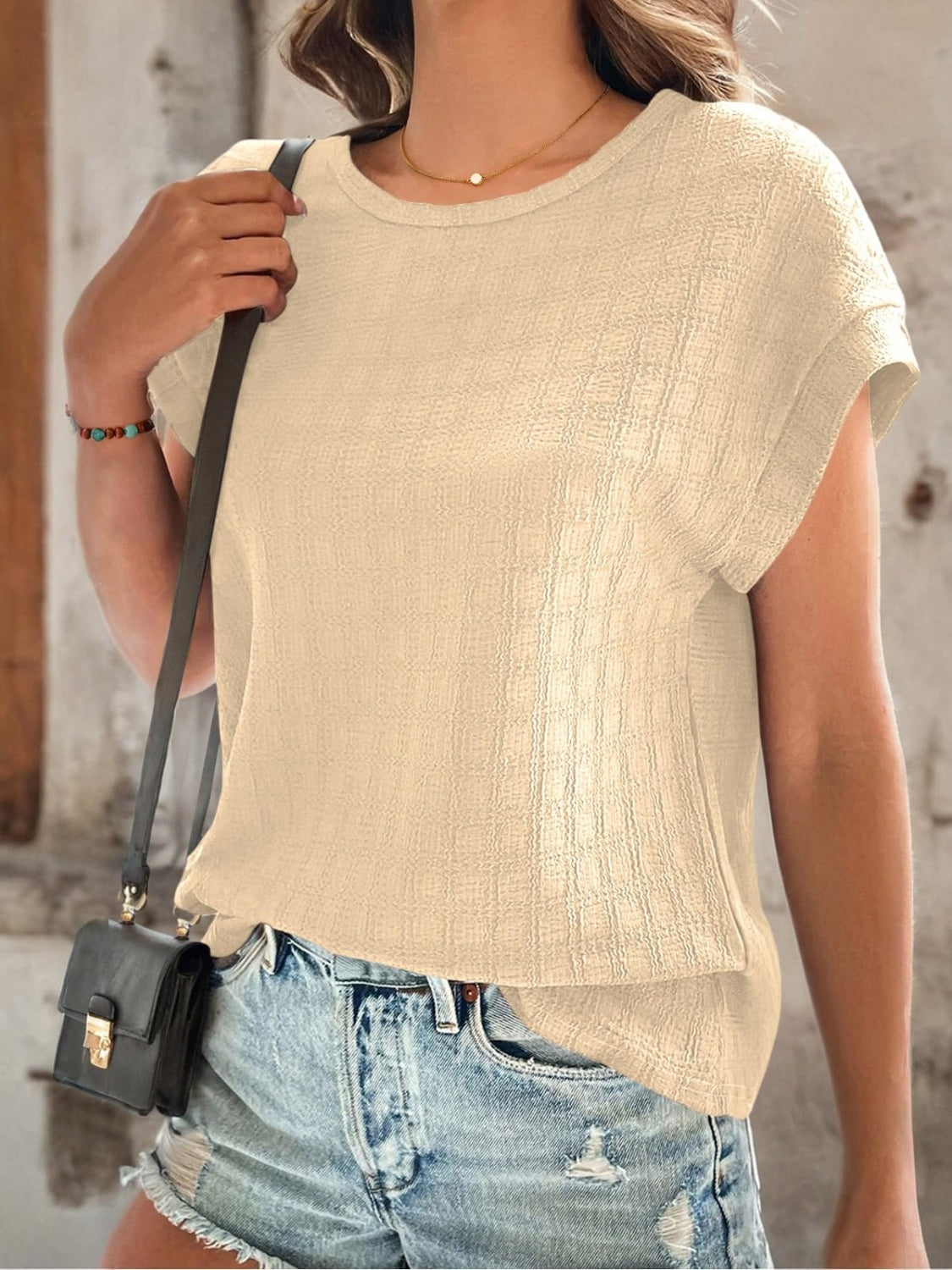 Textured Round Neck Short Sleeve Top-Angel Casuals