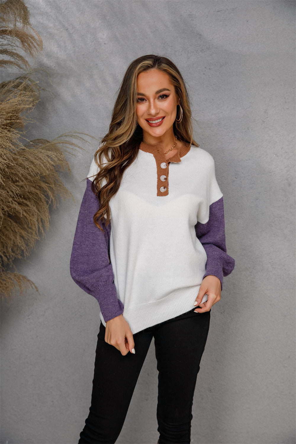 Angel Wings Round Neck Buttoned Knit Top-Angel Casuals