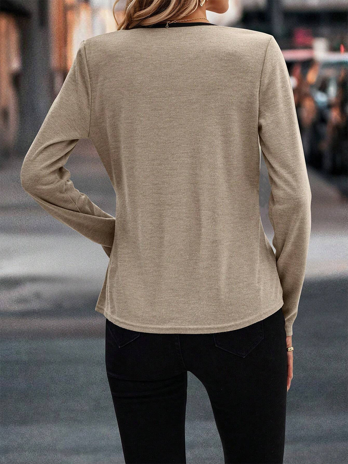 Full Size Crisscross Contrast Trim Long Sleeve T-Shirt-Angel Casuals