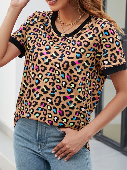 Leopard Round Neck Short Sleeve Tee Shirt-Angel Casuals