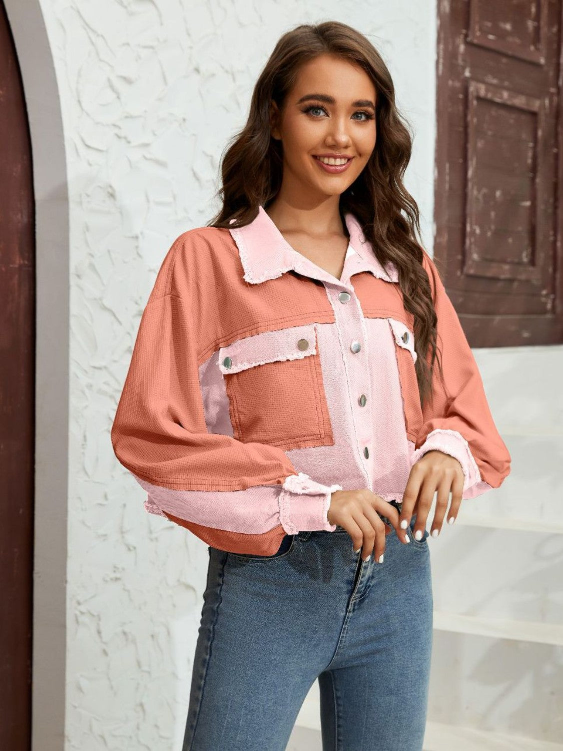 Color Block Crop Jacket with Pockets-Angel Casuals