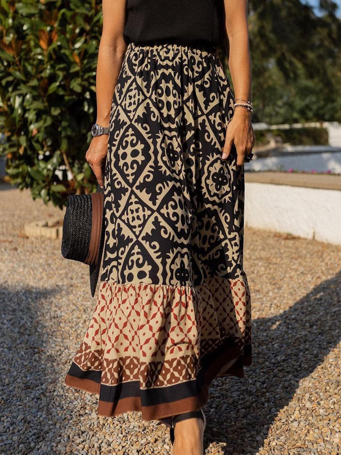 Geometric Elastic Waist Maxi Skirt-Angel Casuals