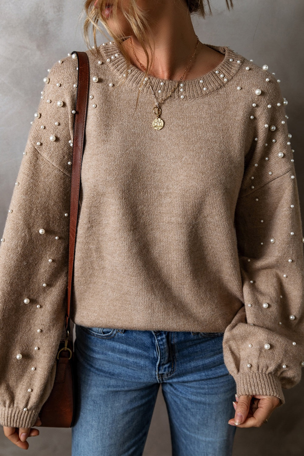 Pearl Detail Round Neck Long Sleeve Sweater-Angel Casuals