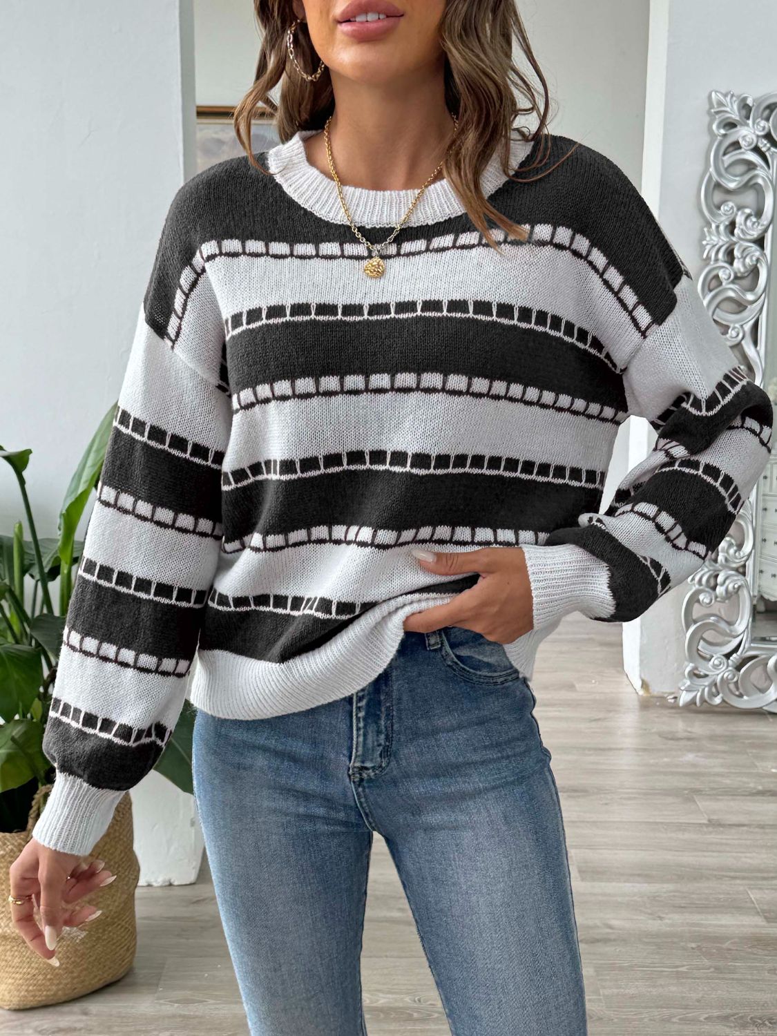 Striped Round Neck Long Sleeve Sweater-Angel Casuals