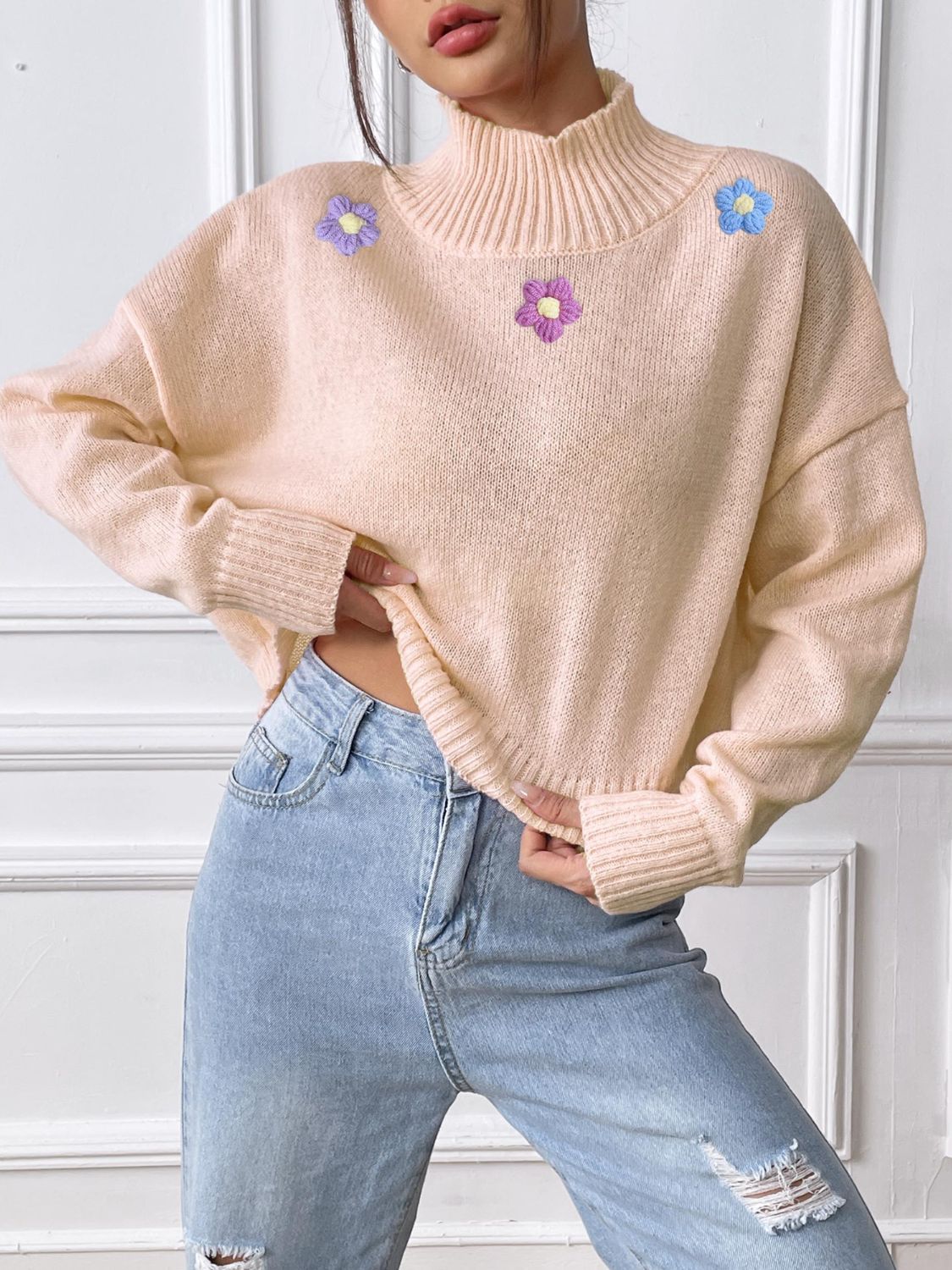 Flower Turtleneck Long Sleeve Sweater-Angel Casuals