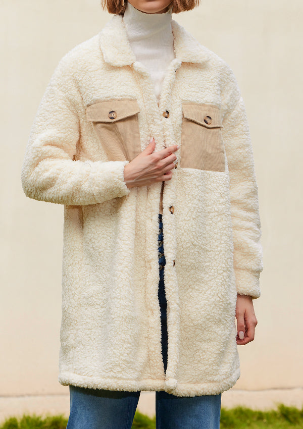 Collared Neck Long Sleeve Longline Teddy Jacket-Angel Casuals