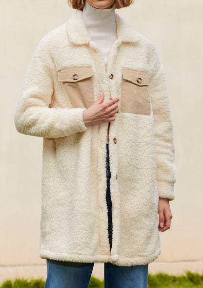 Collared Neck Long Sleeve Longline Teddy Jacket-Angel Casuals