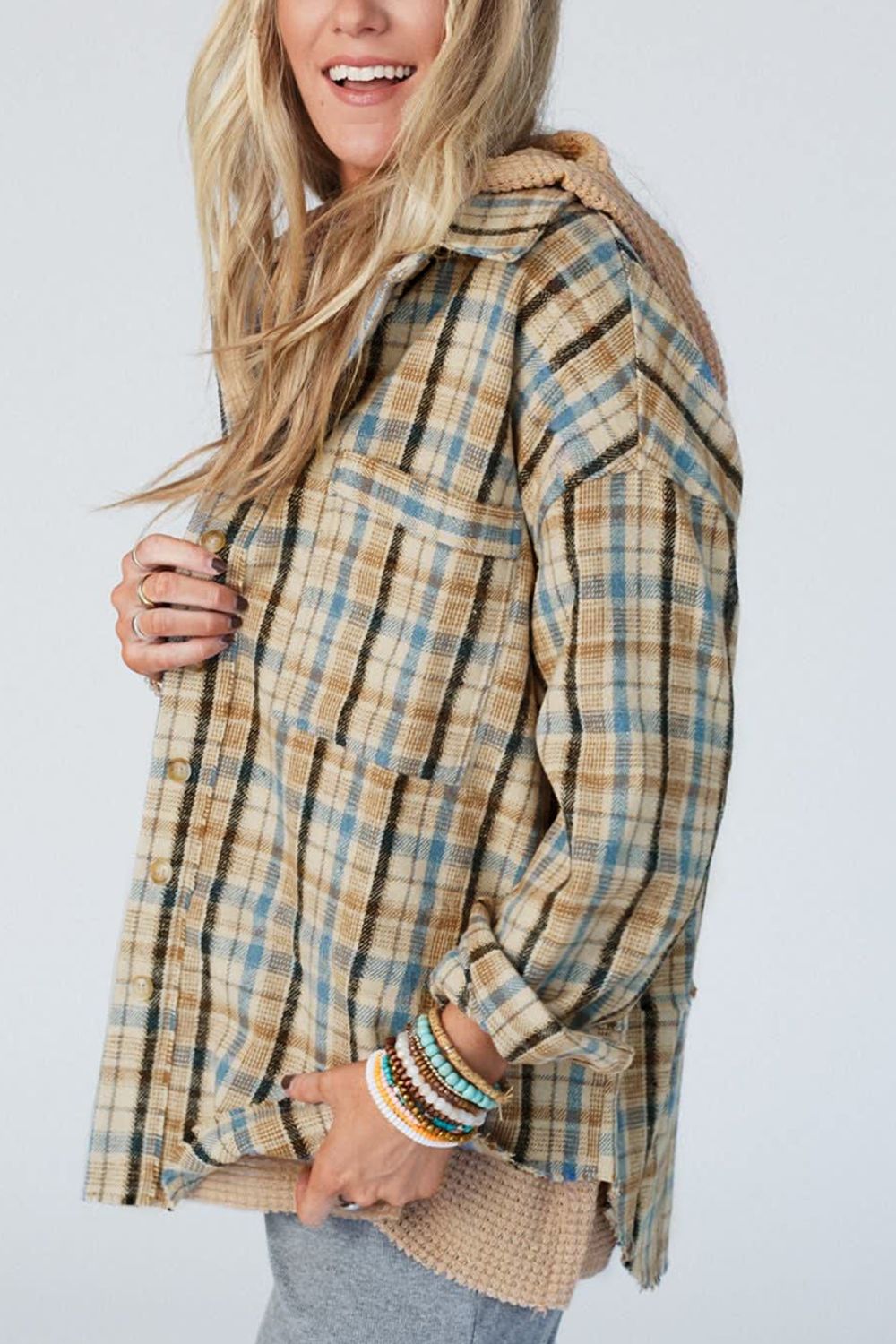 Drawstring Waffle Knit Patchwork Hooded Plaid Shacket-Angel Casuals