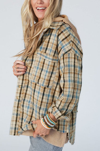 Drawstring Waffle Knit Patchwork Hooded Plaid Shacket-Angel Casuals
